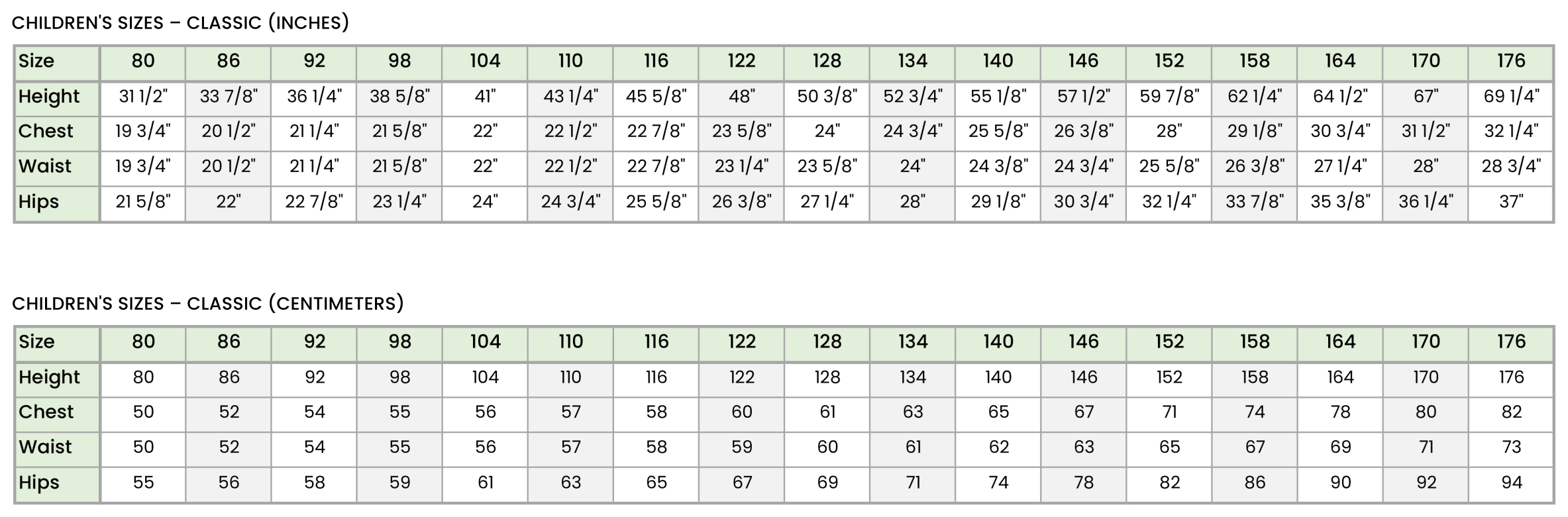 universal pants size chart